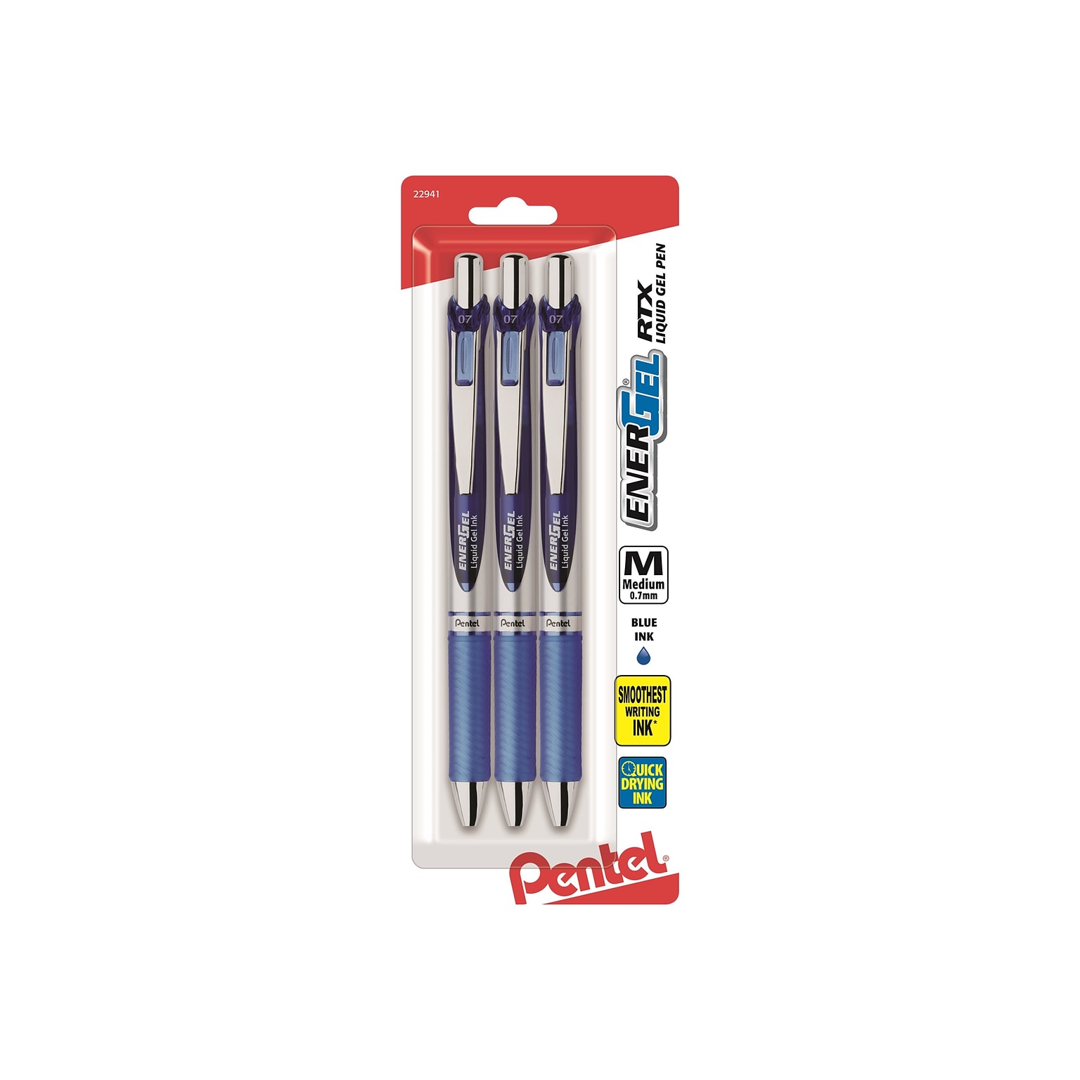 Pentel EnerGel RTX Retractable Gel Pens, Medium Point, 0.7mm, Blue Ink, 3/Pack (BL77BP3C)