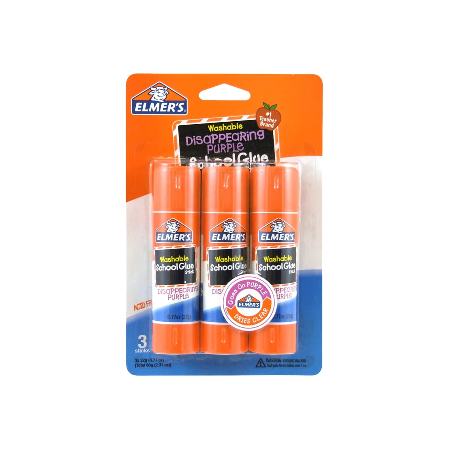 Elmers School Jumbo Washable Glue Sticks, 0.77 oz., Purple, 3/Pack (E562)