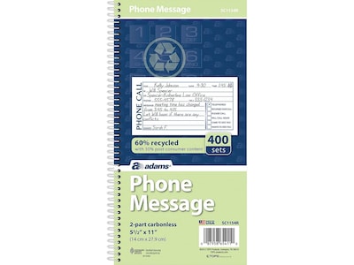 Adams Phone Message Pad, 5.5 x 11, Ruled, White, 100 Sheets/Pad (SC1154R)