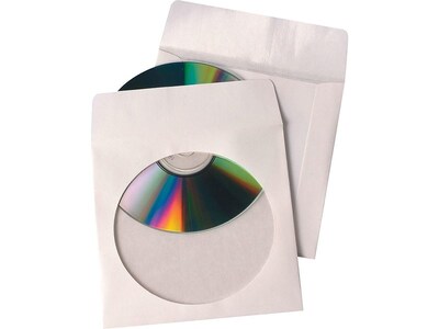 Quality Park Tech-No-Tear Sleeves for CD/DVD, White Paper, 100/Box (QUA77203)