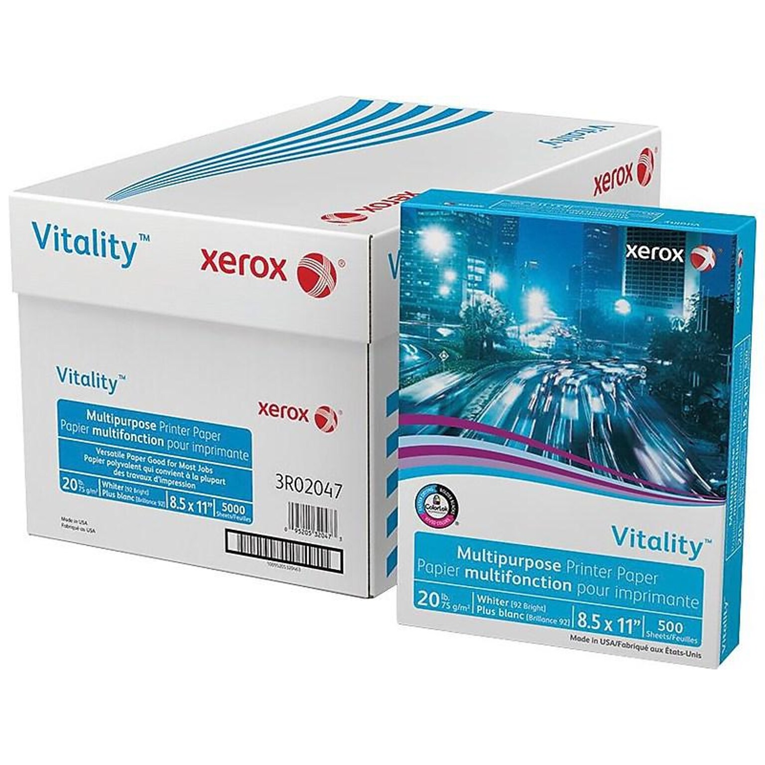 Xerox® Vitality® 8.5 x 11 Multipurpose Paper, 20 lbs., 92 Brightness, 10 Reams/Carton (3R02047)