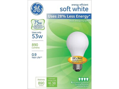 GE Energy Efficient Lighting 53 Watts Soft White Halogen Bulbs, 4/Pack (66248)