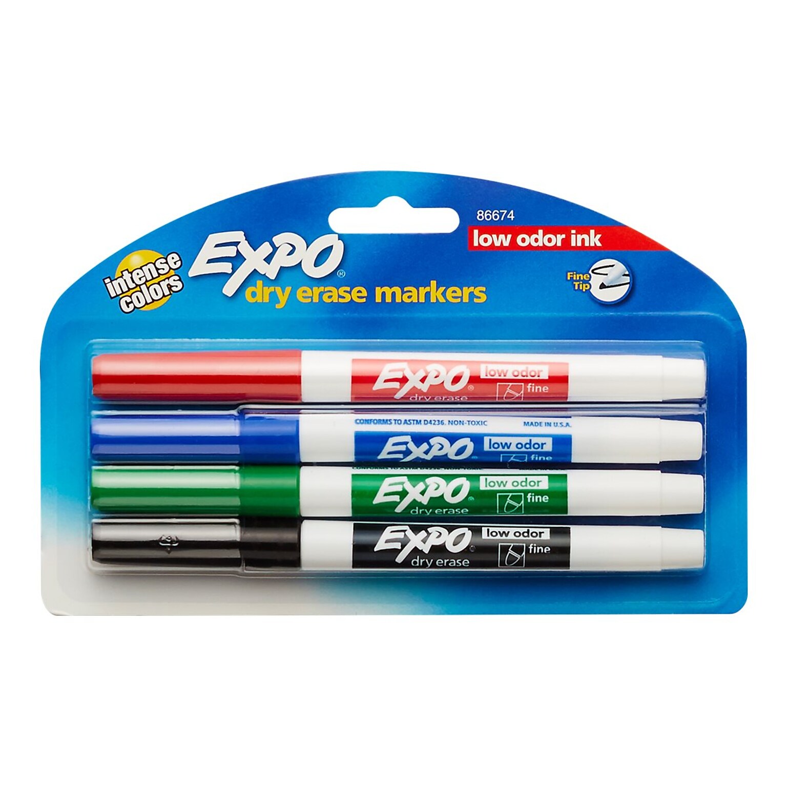 Expo Low Odor Dry Erase Markers, Fine Tip, Assorted, 4/Pack (86674)