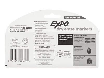 Expo Low Odor Dry Erase Markers, Fine Tip, Assorted, 4/Pack (86674)