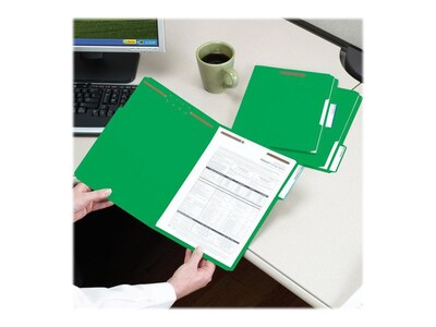 Smead Fastener File Folders, 2 Fasteners, Reinforced 1/3-Cut Tab, Letter Size, Green, 50/Box (12140)