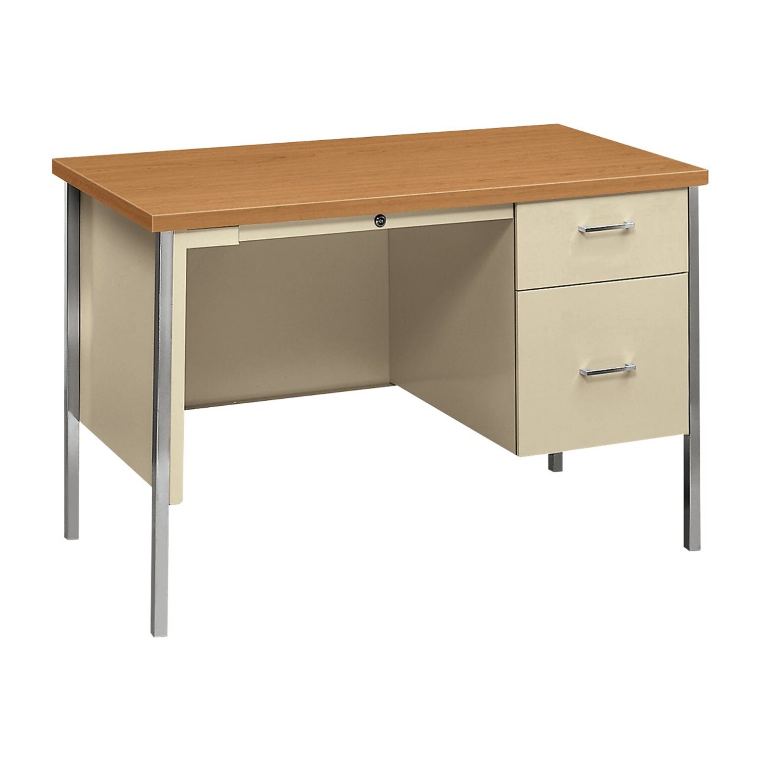 HON® 34000 Series Small Office Desk, 1 Box/1 File Drawer, 45-1/4W, Harvest Laminate, Putty Finish NEXT2018 NEXT2Day