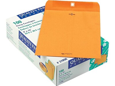 Quality Park Clasp & Moistenable Glue Catalog Envelopes, 9 x 12, Brown Kraft, 100/Box (QUA37890)