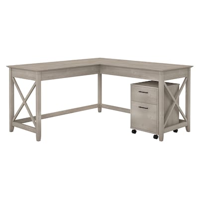 Bush Furniture Key West 60W L Shaped Desk with Mobile File Cabinet, Washed Gray (KWS013WG)