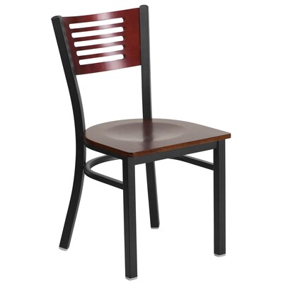 HERCULES Series Black Decorative Slat Back Metal Restaurant Chair - Mahogany Wood Back & Seat (XU-DG-6G5B-MAH-MTL-GG)