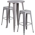 24 Round Silver Metal Indoor-Outdoor Bar Table Set with 2 Square Seat Backless Barstools [CH-51080BH-2-30SQST-SIL-GG]