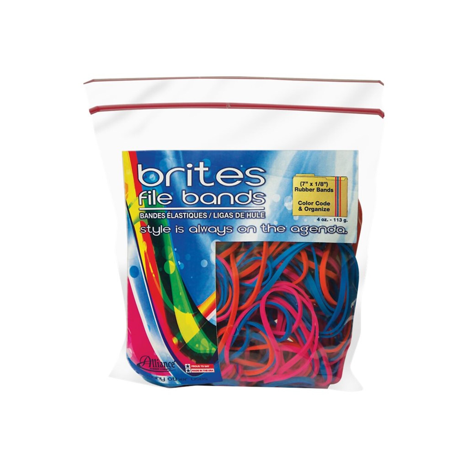 Alliance Rubber Brites Multi-Purpose Rubber Bands 0.13, Non-Latex, Orange/Pink/Blue, 50/Pack (07800