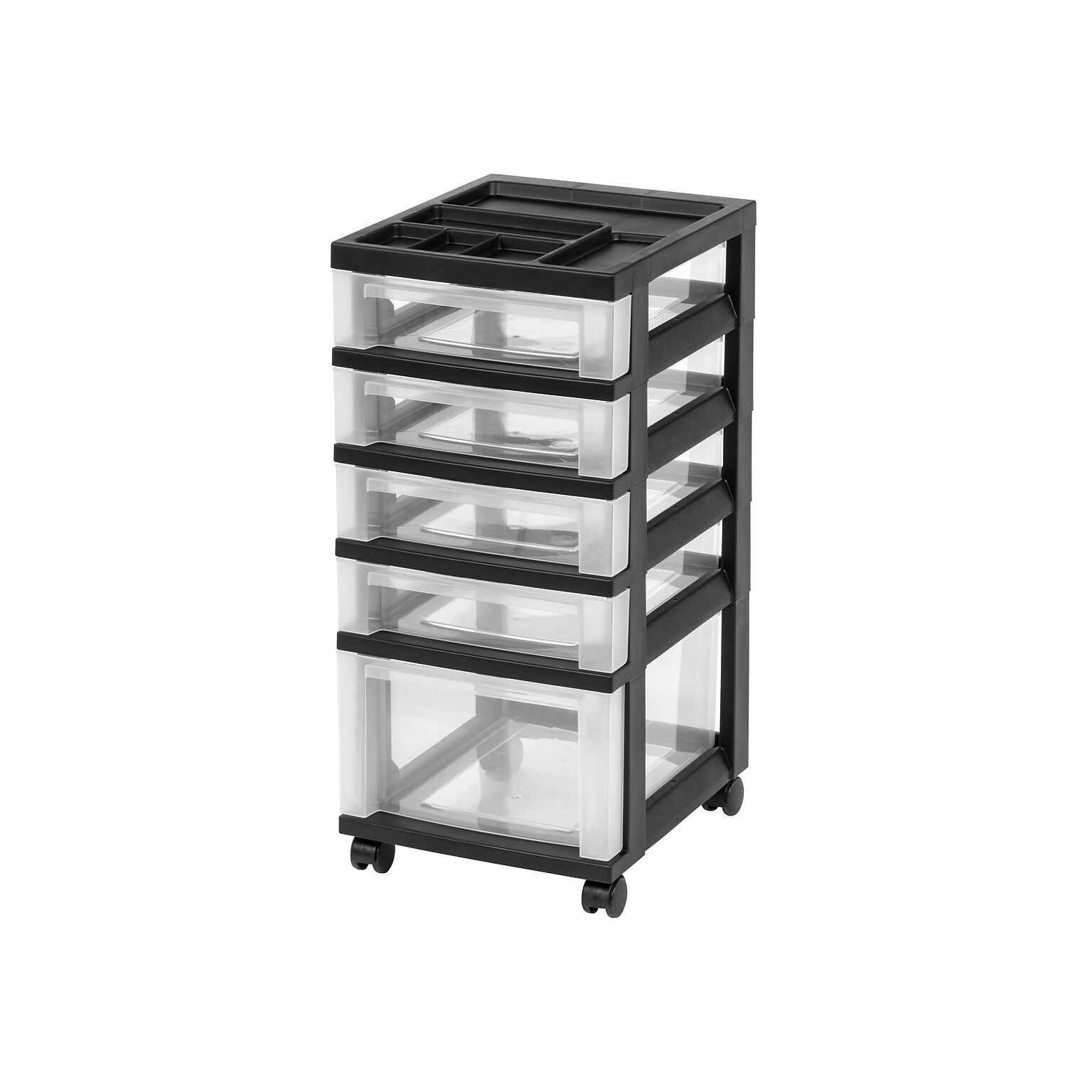 Iris Rolling Cart with Plastic Organizer Top, 5-Drawer, Clear/Black (116865)