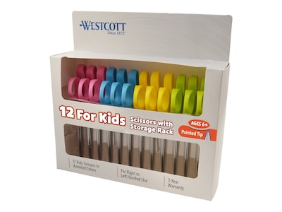 Westcott Value 5 Stainless Steel Kids Scissors, Pointed Tip, Assorted Colors, 12/Pack (04253)