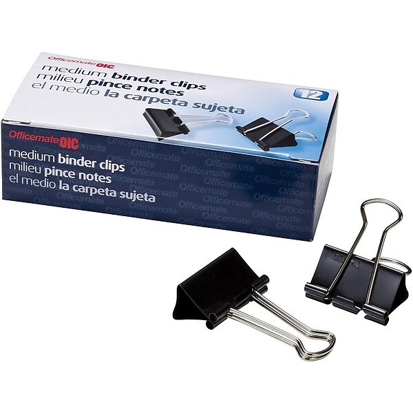 OfficeMate Medium Binder Clips, 11/4" Width, Black, 12/Box (99050