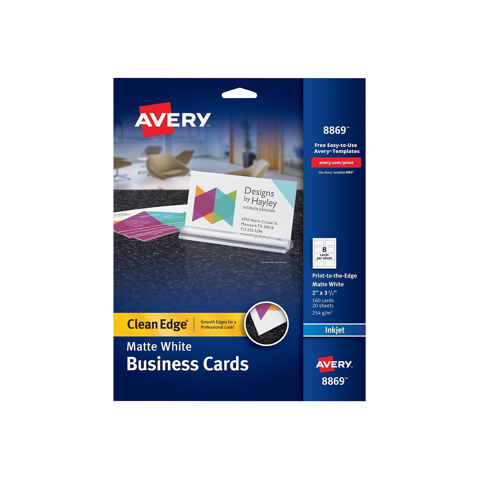 Avery Clean Edge Print-to-the-Edge Business Cards, 2 x 3 1/2, Matte White, 160 Per Pack (8869)