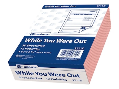 Adams While You Were Out Message Pads, 4.25 x 5.5, Pink, 50 Sheets/Pad, 12 Pads/Pack (9711D)