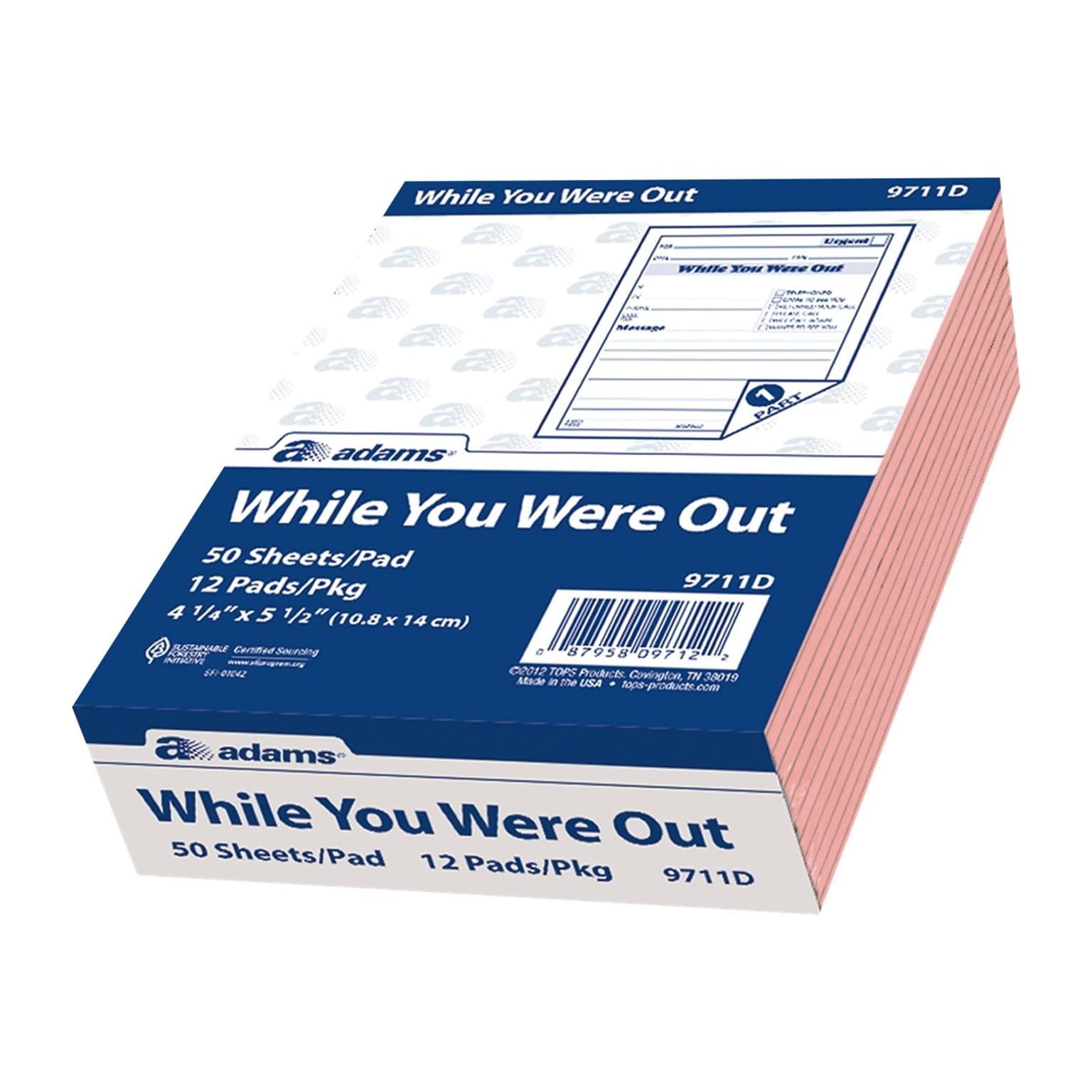 Adams While You Were Out Message Pads, 4.25 x 5.5, Pink, 50 Sheets/Pad, 12 Pads/Pack (9711D)