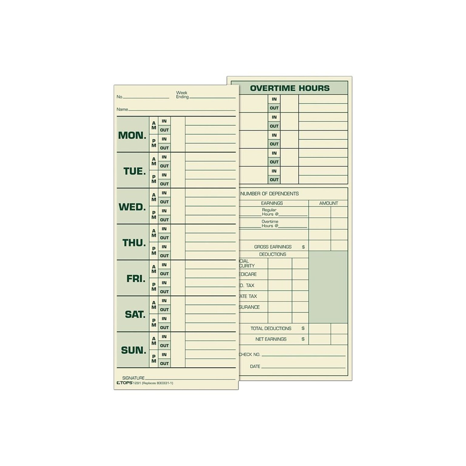 TOPS Time Cards for Pyramid 1000 Time Clock, 500/Box (TOP 1291)