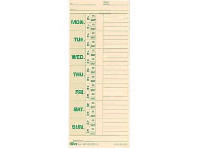 TOPS Time Cards for Pyramid 1000 Time Clock, 500/Box (TOP 1291)