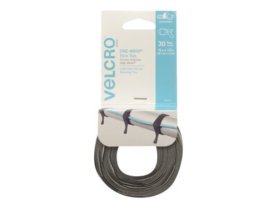 Velcro Brand ONE-WRAP Cable Ties, 1/2 x 15, Reusable Hook & Loop Fastener, Gray, 30/Pack (94257)