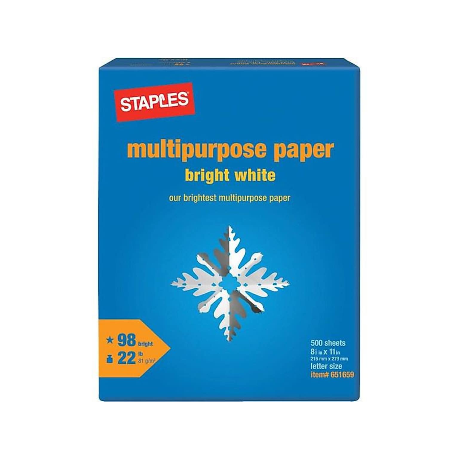 Staples 8.5 x 11 Multipurpose Paper, 22 lbs., 98 Brightness, 500/Ream (22098)