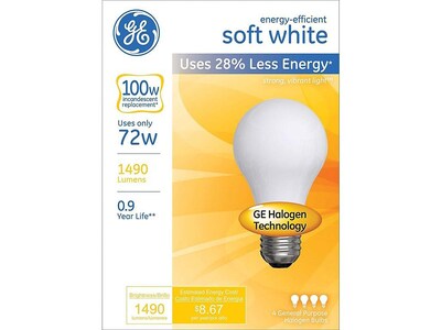GE Energy Efficient Lighting 72 Watts Soft White Halogen Bulbs, 4/Pack (66249)