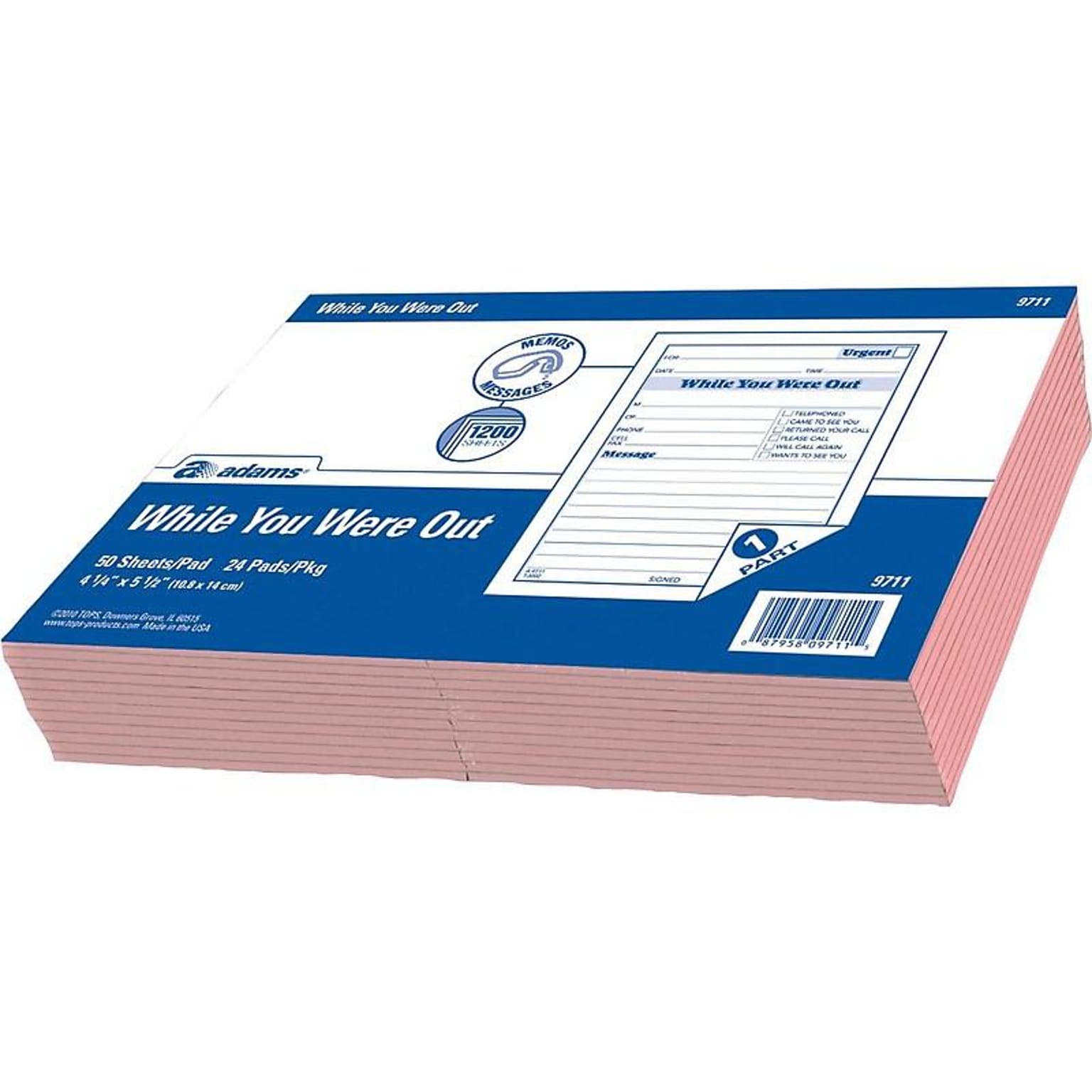 Adams While You Were Out Message Pads, 4.25 x 5.5, Pink, 50 Sheets/Pad, 24 Pads/Pack (9711)