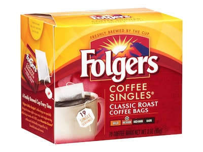 Folgers Coffee Singles Classic Roast Bags, Medium Roast, 19/Box (29764)