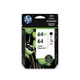 HP 64XL/64 Black High Yield and Tri-Color Standard Yield Ink Cartridges, 2/Pack (3YP23AN#140)