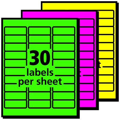 Avery Neon Laser Address Labels, 1 x 2 5/8, Assorted Colors, 30 Labels/Sheet, 15 Sheets/Pack, 450 L