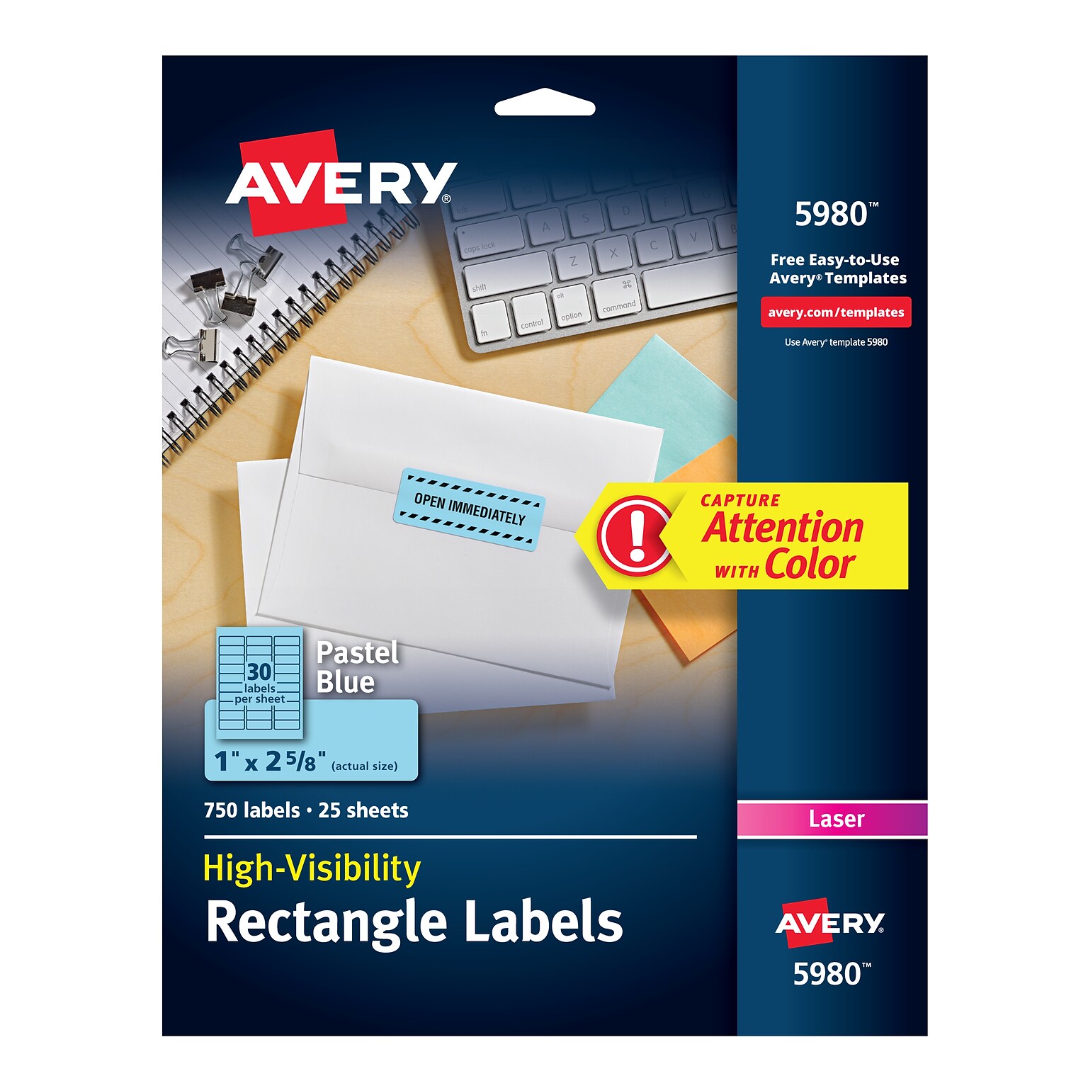 Avery Sure Feed Laser Address Labels, 1 x 2 5/8, Pastel Blue, 30 Labels/Sheet, 25 Sheets/Pack (5980)