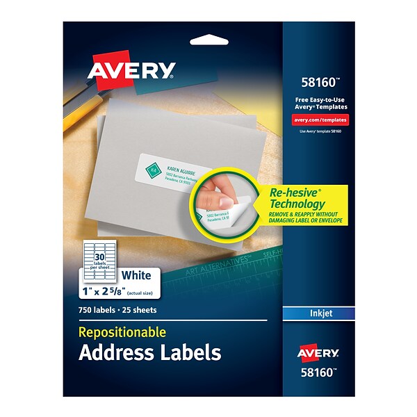 Avery Repositionable Inkjet Address Labels, 1 x 2-5/8, White, 30 Labels/Sheet, 25 Sheets/Pack, 750 Labels/Pack (58160)