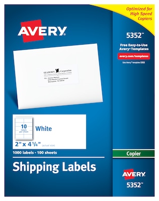 Avery Copier Shipping Labels, 2 x 4-1/4, White, 10 Labels/Sheet, 100 Sheets/Box (5352)