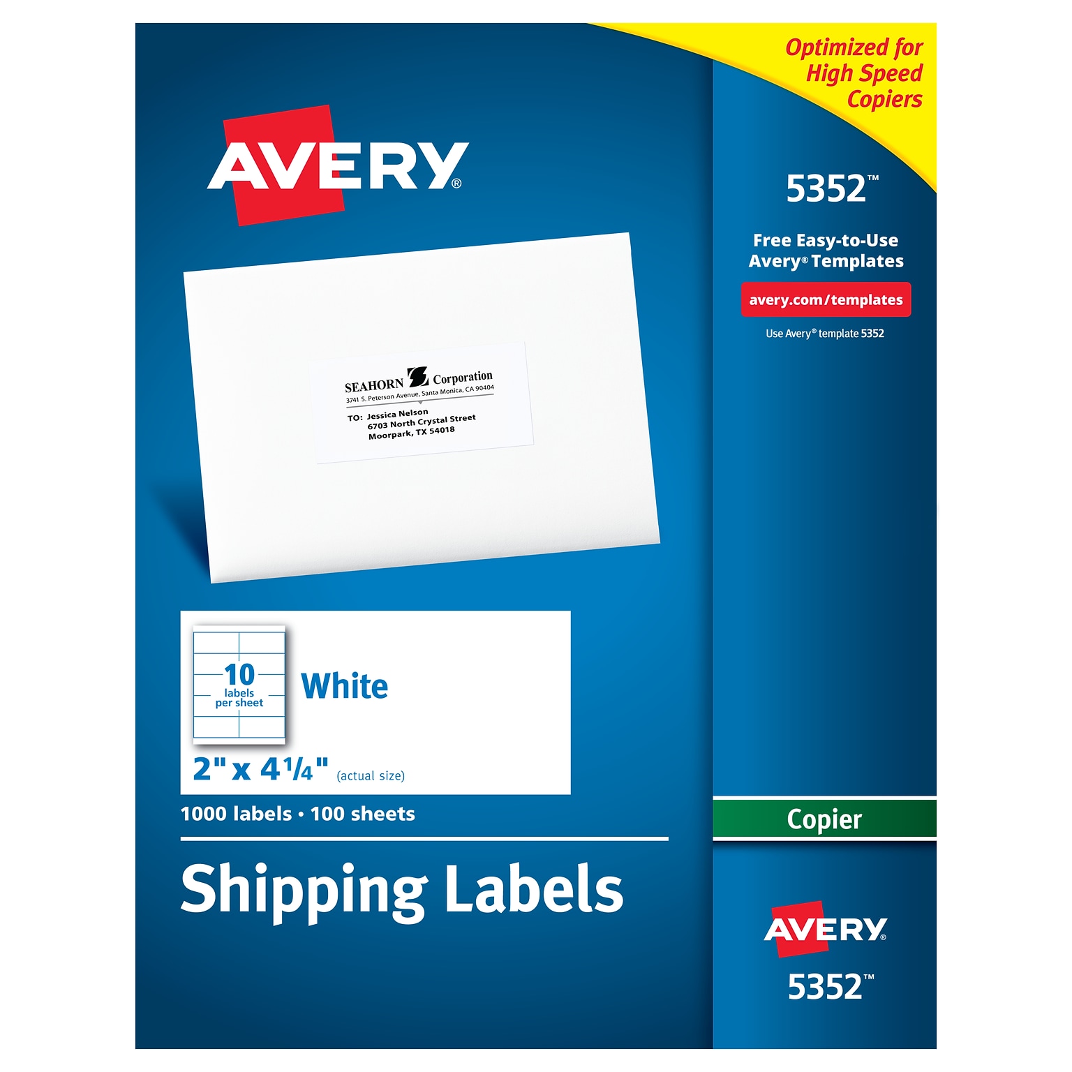 Avery Copier Shipping Labels, 2 x 4-1/4, White, 10 Labels/Sheet, 100 Sheets/Box (5352)