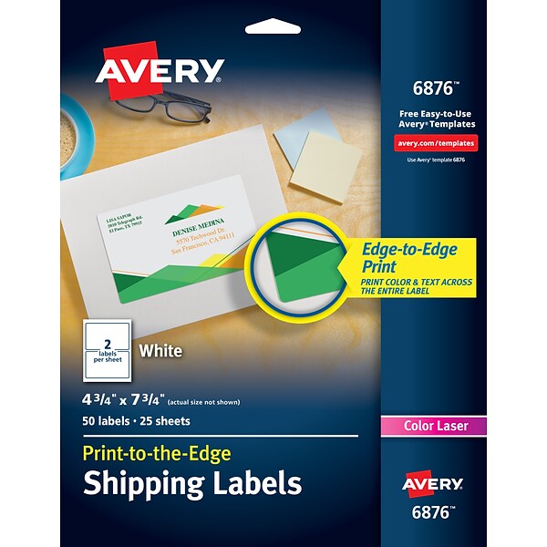 Avery Print-to-the-Edge Laser Shipping Labels, 4-3/4 x 7-3/4, White, 2 Labels/Sheet, 25 Sheets/Pack (6876)