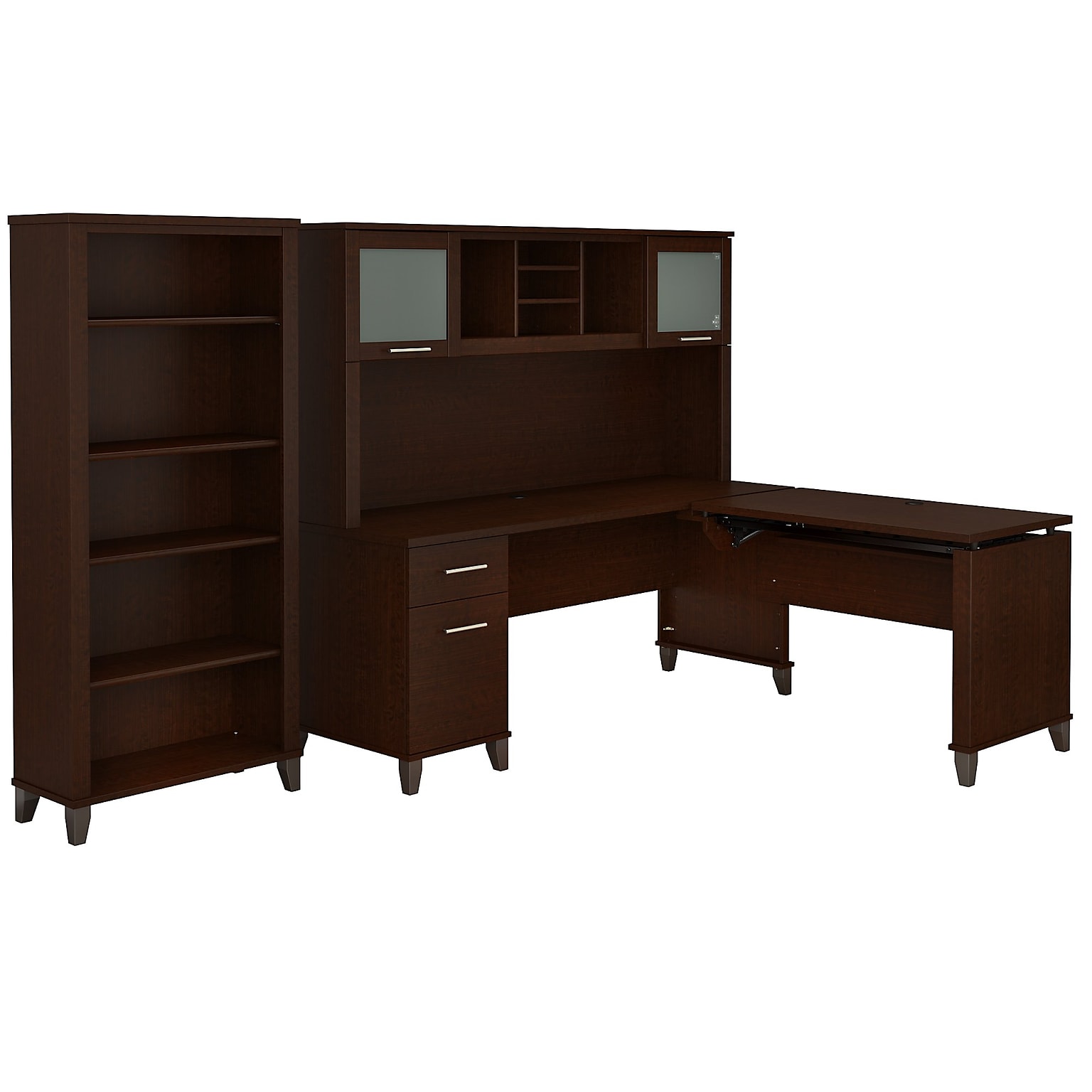 Bush Furniture Somerset 72W 3 Position Sit to Stand L Shaped Desk with Hutch and Bookcase, Mocha Cherry (SET017MR)