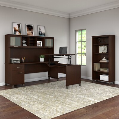 Bush Furniture Somerset 72"W 3 Position Sit to Stand L Shaped Desk with Hutch and Bookcase, Mocha Cherry (SET017MR)