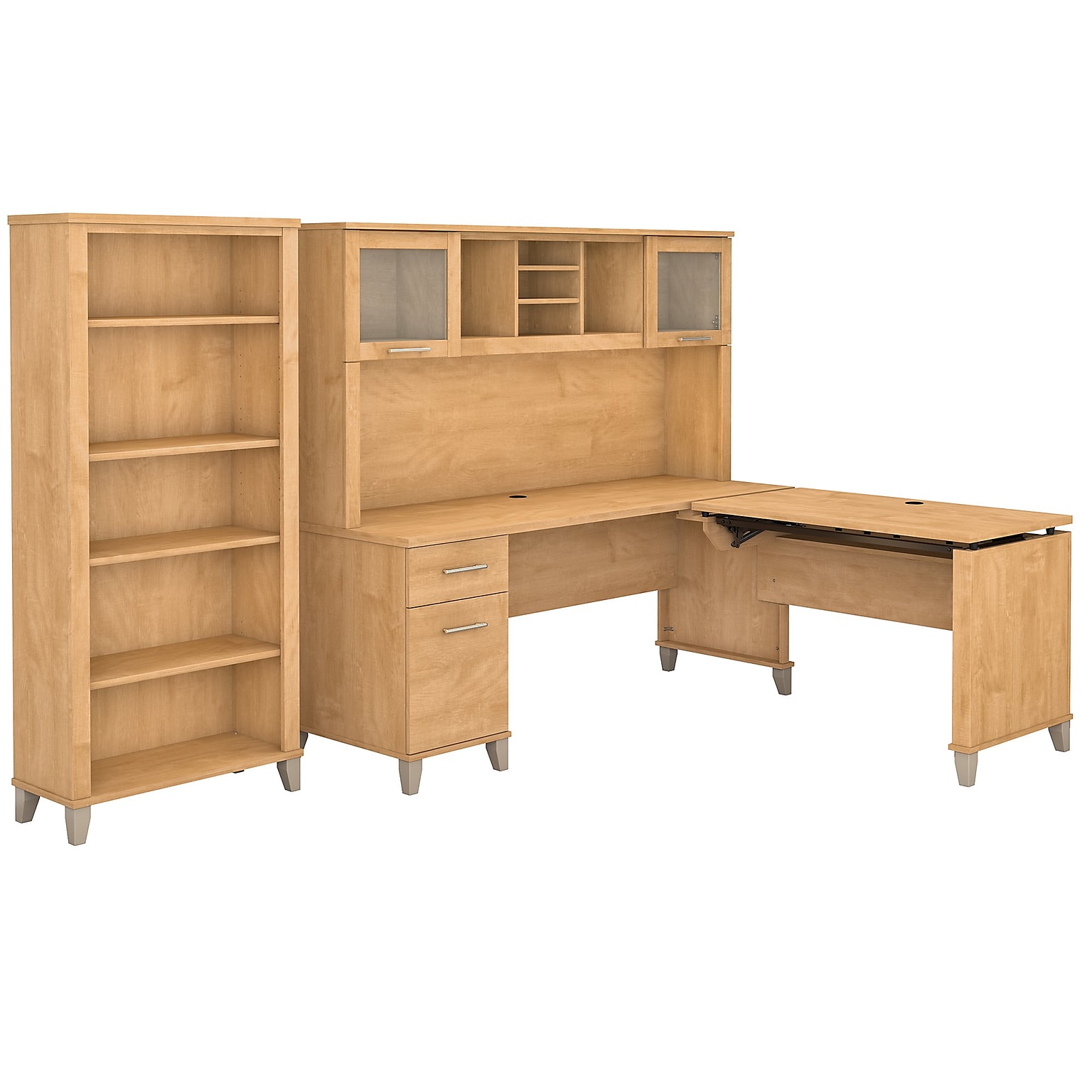 Bush Furniture Somerset 72W 3 Position Sit to Stand L Shaped Desk with Hutch and Bookcase, Maple Cross (SET017MC)