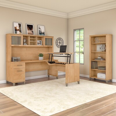 Bush Furniture Somerset 72"W 3 Position Sit to Stand L Shaped Desk with Hutch and Bookcase, Maple Cross (SET017MC)