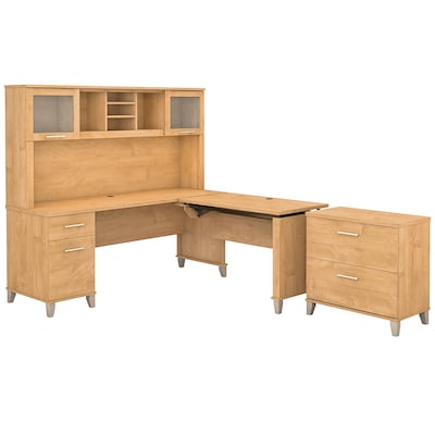 Bush Furniture Somerset 72W 3 Position Sit to Stand L Shaped Desk with Hutch and File Cabinet, Mapl