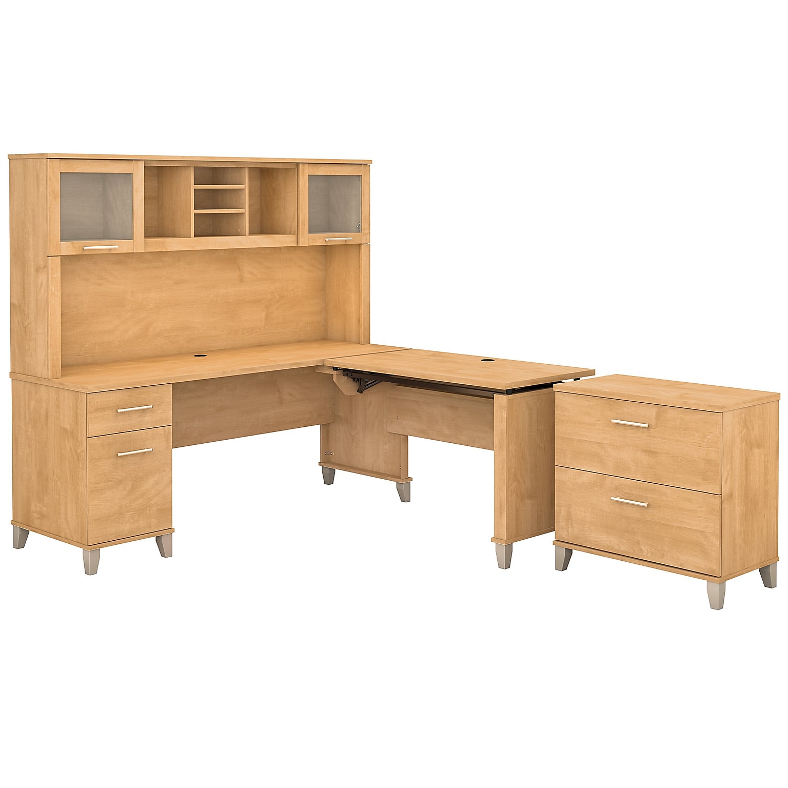 Bush Furniture Somerset 72W 3 Position Sit to Stand L Shaped Desk with Hutch and File Cabinet, Maple Cross (SET016MC)