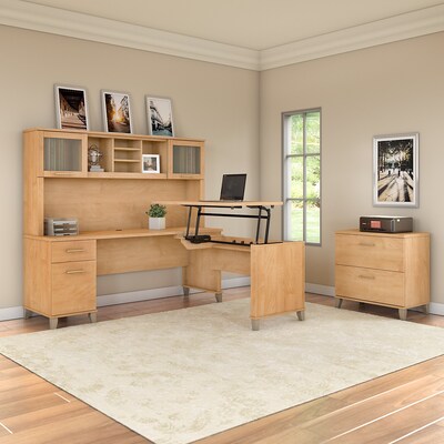 Bush Furniture Somerset 72"W 3 Position Sit to Stand L Shaped Desk with Hutch and File Cabinet, Maple Cross (SET016MC)