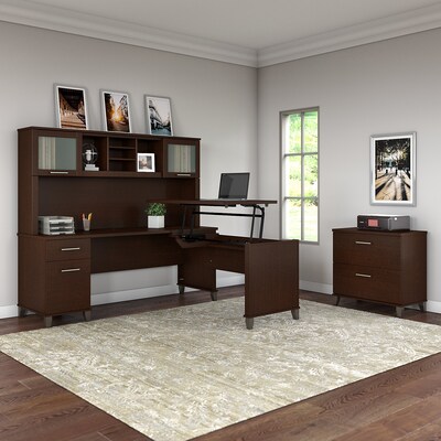 Bush Furniture Somerset 72W 3 Position Sit to Stand L Shaped Desk with Hutch and File Cabinet, Moch