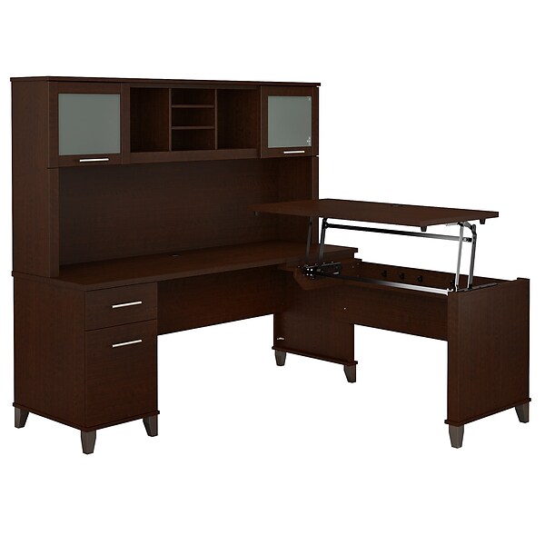 Bush Furniture Somerset 72W 3 Position Sit to Stand L Shaped Desk with Hutch, Mocha Cherry (SET015MR)