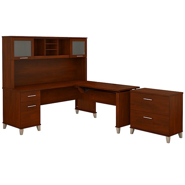 Bush Furniture Somerset 72W 3 Position Sit to Stand L Shaped Desk with Hutch and File Cabinet, Hansen Cherry (SET016HC)