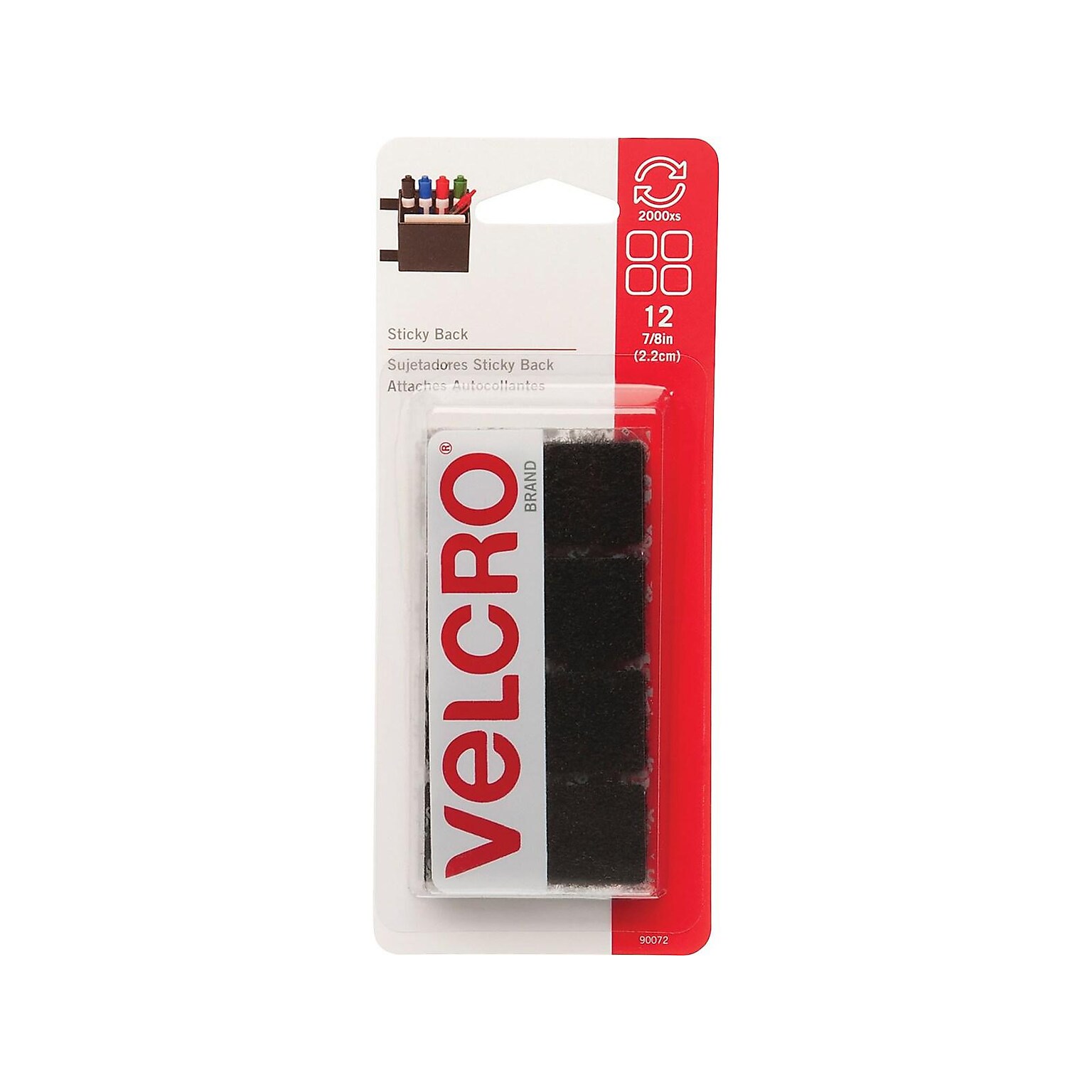 Velcro® Brand 7/8 x 7/8 Sticky Back Hook & Loop Fastener Mounting Squares, Black, 12/Pack (90072)