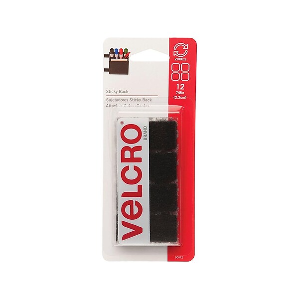 Velcro® Brand 7/8 x 7/8 Sticky Back Hook & Loop Fastener Mounting Squares, Black, 12/Pack (90072)