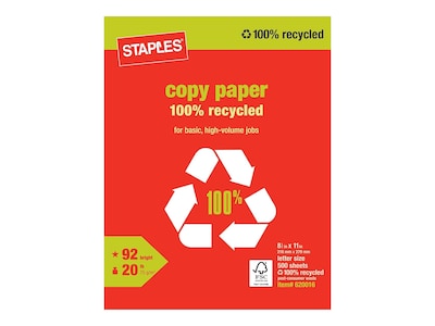 Staples 100% Recycled 8.5 x 11 Copy Paper, 20 lbs., 92 Brightness, 500/Ream (620016)