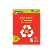 Staples 100% Recycled 8.5 x 11 Copy Paper, 20 lbs., 92 Brightness, 500/Ream (620016)