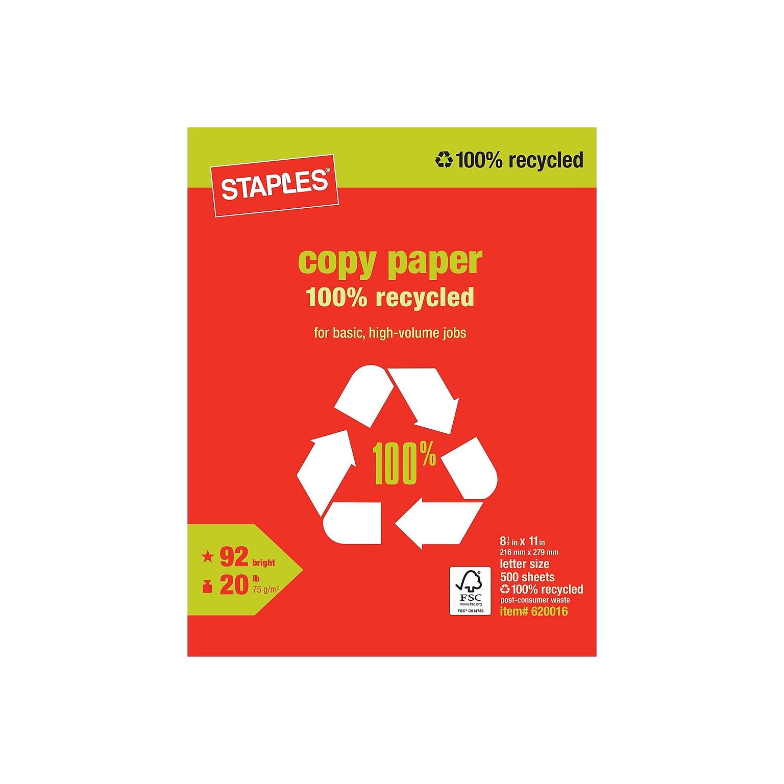 Staples 100% Recycled 8.5 x 11 Copy Paper, 20 lbs., 92 Brightness, 500/Ream (620016)